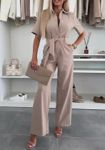 Women's fashion turndown collar solid color single-breasted jumpsuit Women's fashion turndown collar solid color single-breasted jumpsuit