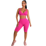 Summer fashionable beach holidays casual ribbed solid color two-piece shorts set