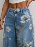 Street fashion printed loose straight wide leg denim trousers
