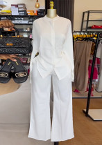 Women's summer round neck loose casual long sleeve shirt and wide leg trousers set