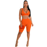 Summer fashionable beach holidays casual ribbed solid color two-piece shorts set
