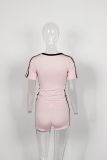 Women Spring Sexy Printed Short-sleeved V-neck Top And Lace-up Shorts Two Piece Set
