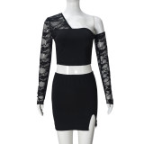 Women Spring and Summer Lace Sexy Hollow One-shoulder Irregular Top and Skirt Two-piece Set