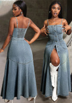 Fashionable chic single-breasted strap denim maxi dress