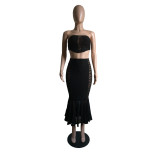 Women Spring Sexy Strapless Crop Top and Bodycon Fishtail Skirt Two Piece Set