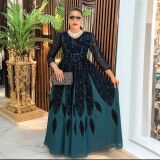 Plus Size African Women Long Sleeve Elegant Print Chiffon Maxi Dress