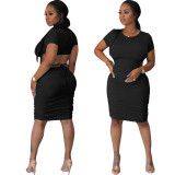 Spring Summer fashionable solid color round neck back hollow midi dress