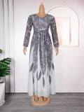 Plus Size African Women Long Sleeve Elegant Print Chiffon Maxi Dress