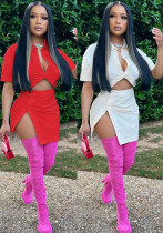 Women's fashion sexy solid color button Crop Shirt split skirt two-piece set