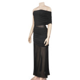 Spring fashionable off-shoulder chic sexy mesh patchwork slim dress