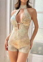 Summer tight fitting printed hollow low back shorts jumpsuit