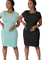 Spring Summer fashionable solid color round neck back hollow midi dress