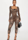 Fashion nightclub leopard print slim sexy elastic u-neck long sleeve jumpsuit