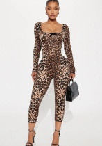 Fashion nightclub leopard print slim sexy elastic u-neck long sleeve jumpsuit Fashion nightclub leopard print slim sexy elastic u-neck long sleeve jumpsuit
