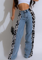 Women's street fashion leopard print patchwork straight denim trousers