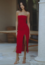 Solid Color pocket sleeveless sexy strapless slim fit high waist A-line Dress