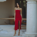 Solid Color pocket sleeveless sexy strapless slim fit high waist A-line Dress