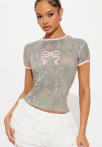 Summer women's fashion trend color matching bow print slim round neck short sleeve top Summer women's fashion trend color matching bow print slim round neck short sleeve top