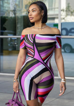 Women's summer off shoulder slim multi-color printed Jumpsuit