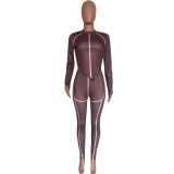 Women's Fashionable brown sexy tight fitting long sleeve Top and pants two-piece set