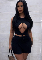 Women's sexy fashion black hollow vest Shorts two-piece set Women's sexy fashion black hollow vest Shorts two-piece set