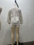 Women's Fashion Sexy White Lace Embroidery See-Through Shirt High Waist Shorts Two Piece Set
