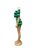 Women Striped Contrast Turndown Collar Crop Top and Bodycon Skirt Two-Piece Set