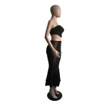 Women Spring Sexy Strapless Crop Top and Bodycon Fishtail Skirt Two Piece Set