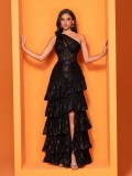 Women Elegant Slash Shoulder Slit Cascading Ruffles Evening Dress
