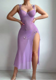 sexy see-through mesh temptation lace Low Back high slit Strap Dress