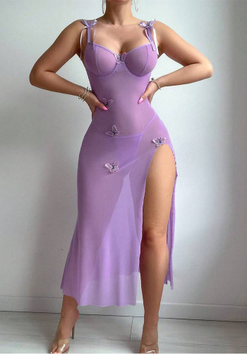 sexy see-through mesh temptation lace Low Back high slit Strap Dress
