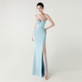 Women Strappy Heart-Shaped Lace Grid Embroidery Beaded Fishbone Formal Party Evening Dress