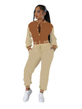 Women Patchwork Baseball Jacket and Pants Two-piece Set