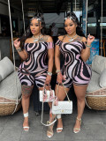 Women Summer Strapless Geometric Print Short Sleeve Jumpsuit