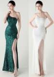 Women One Shoulder Beaded Geometric Sequin Formal Party Prom Wedding Evening Dress