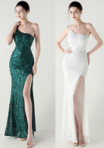 Women One Shoulder Beaded Geometric Sequin Formal Party Prom Wedding Evening Dress