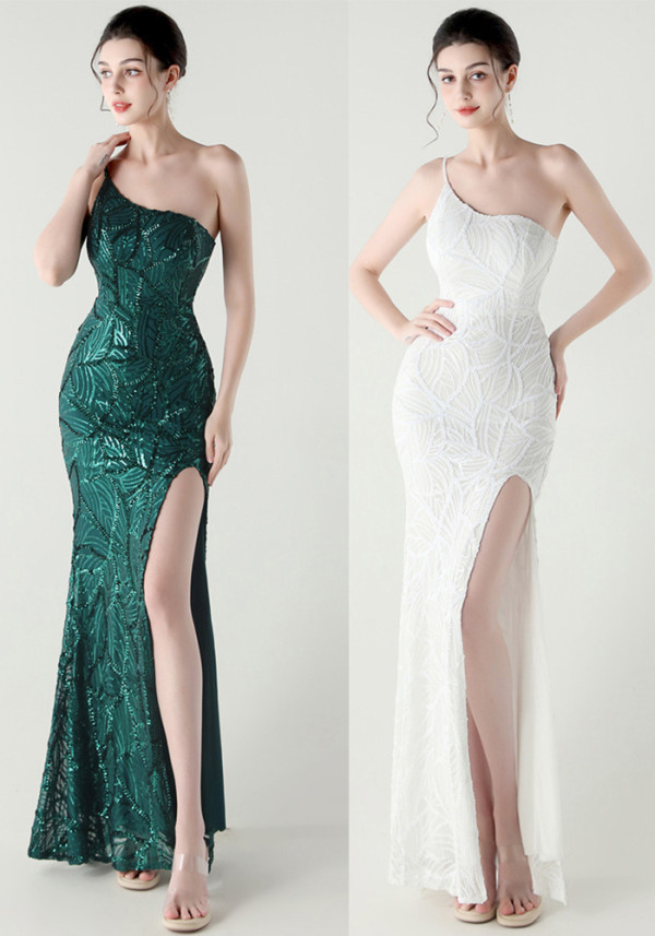 Women One Shoulder Beaded Geometric Sequin Formal Party Prom Wedding Evening Dress