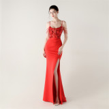 Women Fishbone Lace-Up Formal Formal Party Prom Strappy Sequin Evening Dress