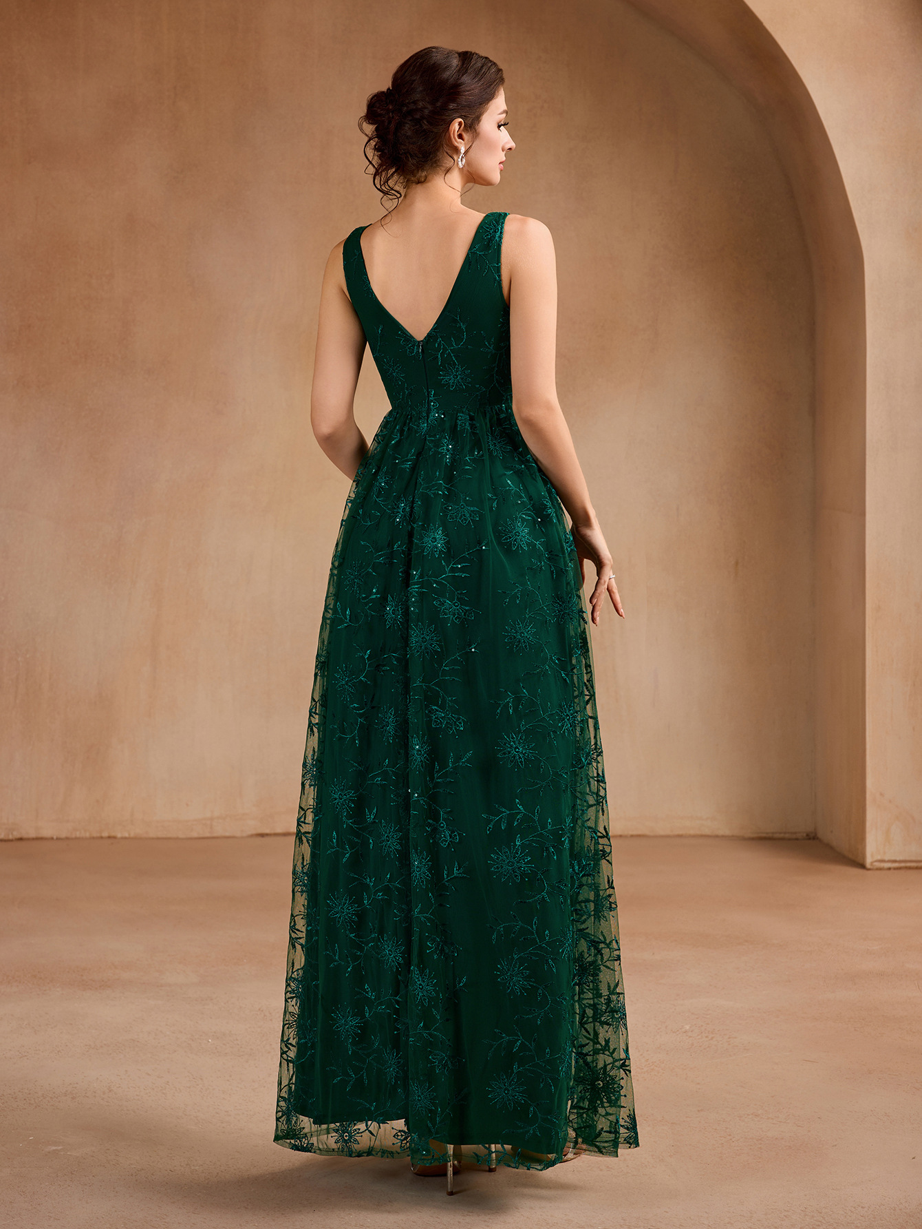 Women High Mesh Embroidered V-Neck Slit Evening Dress(Processing time need 3-6 days)