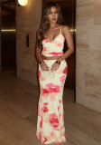 Women Summer Printed V-neck Suspender Tank Top and Skirt Two-piece Set