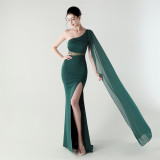Women One Shoulder Slant Back Patchwork Mesh Formal Party Evening Dress