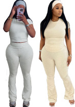 Women Casual with Headband Round Neck T-Shirt and Bell Bottom Pants Two-Piece Set