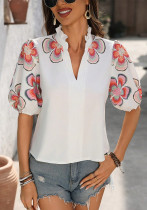 Women spring and summer v-neck high collar embroidered Solid T-shirt Top