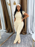 Women Casual with Headband Round Neck T-Shirt and Bell Bottom Pants Two-Piece Set