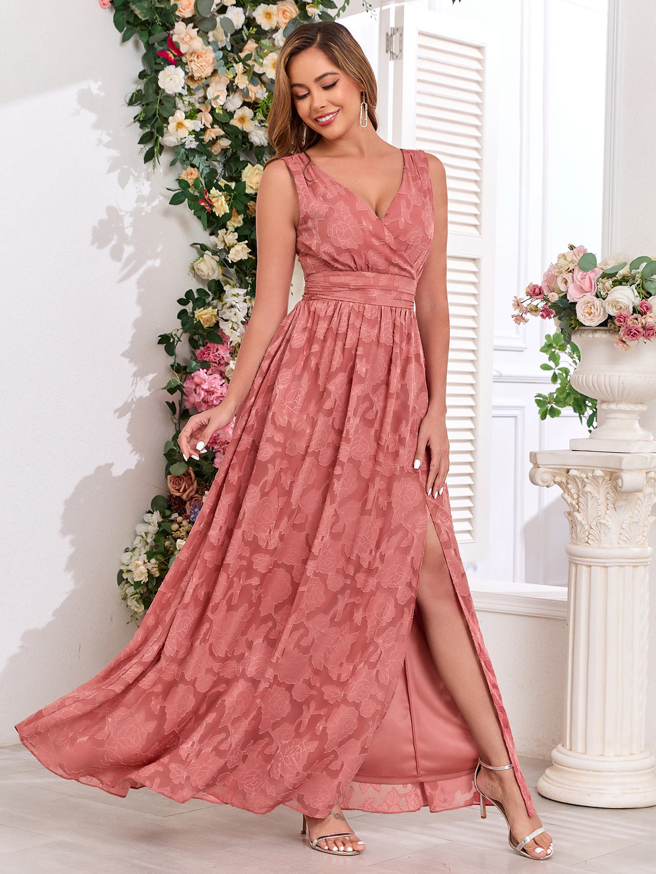 Women Printed Chiffon Party Sleeveless V-Neck Slit Evening Dress(Processing time need 3-6 days)