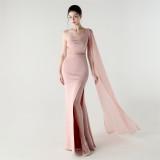 Women One Shoulder Slant Back Patchwork Mesh Formal Party Evening Dress