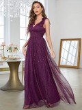 Women sequined bow elegant v-neck ball suspender evening dress（Processing time need 3-6 days）
