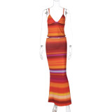 Women Summer Printed V-neck Suspender Tank Top and Skirt Two-piece Set