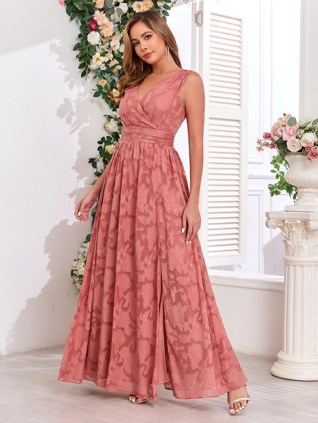 Women Printed Chiffon Party Sleeveless V-Neck Slit Evening Dress(Processing time need 3-6 days)