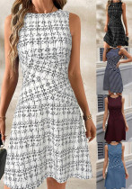 Women spring and summer striped plaid Round Neck sleeveless color matching Pleated dress